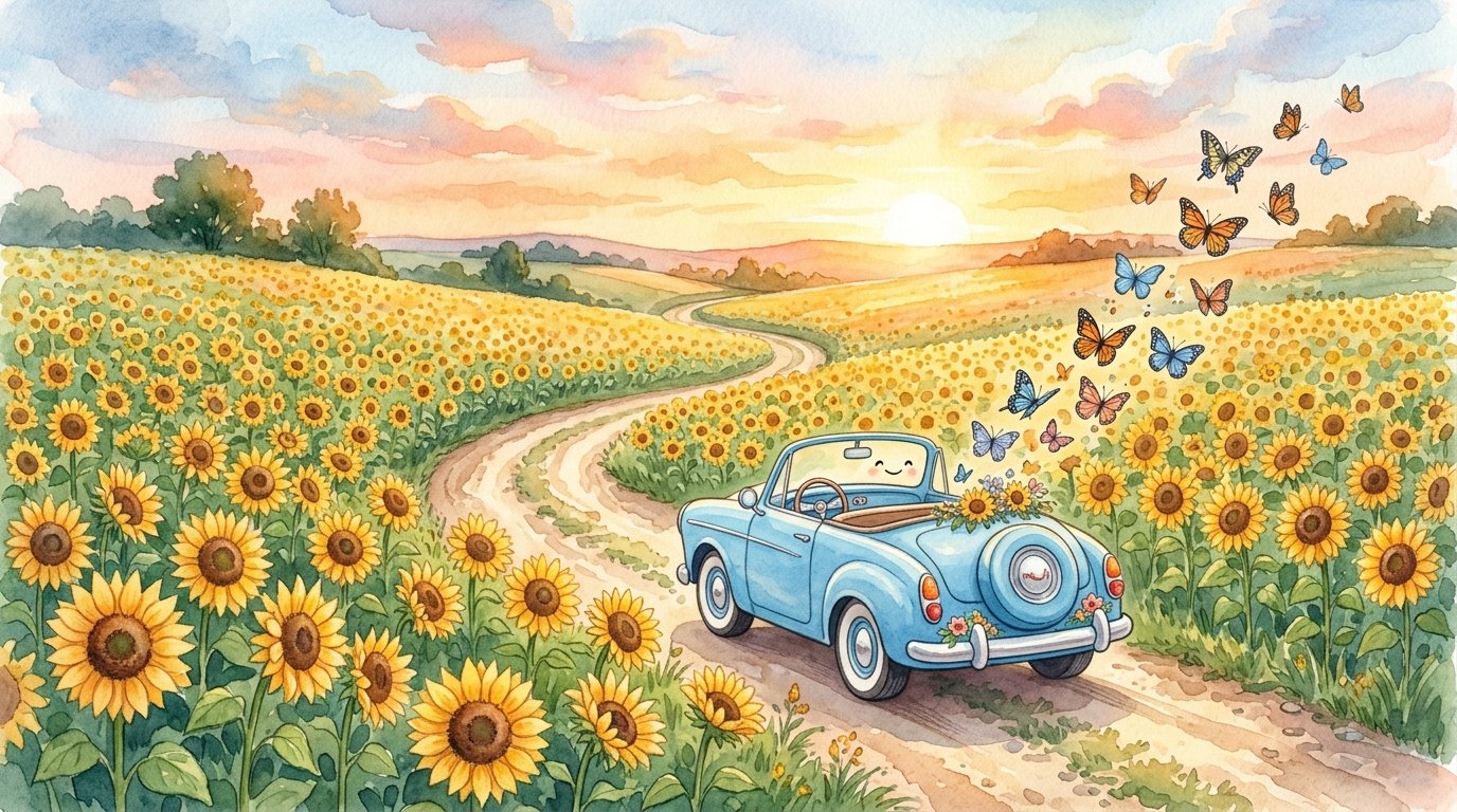 Blue car through sunflower fields